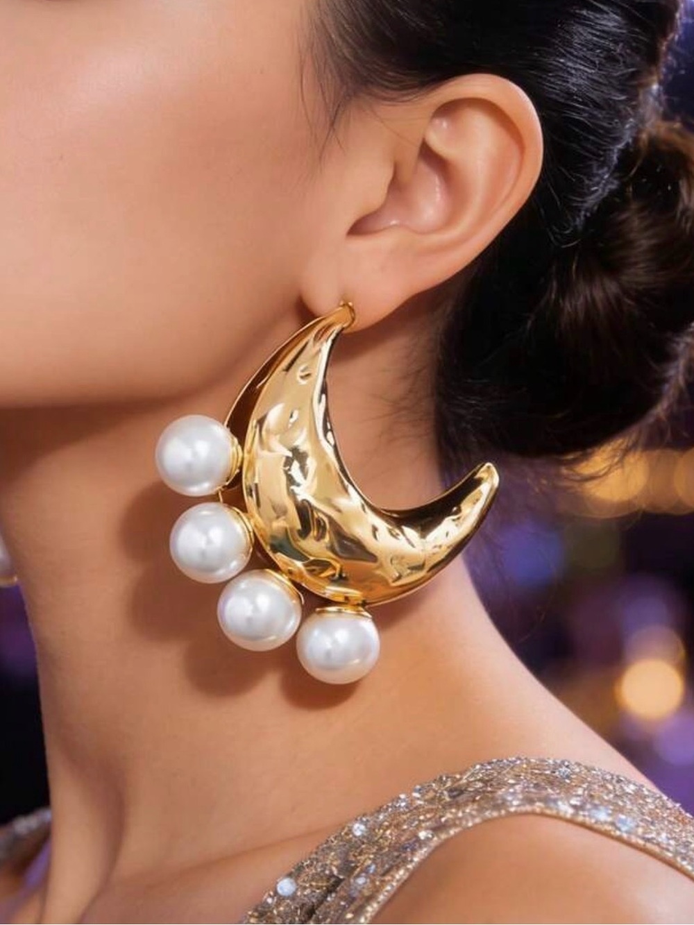 Oversized Gold Crescent Moon Pearl Statement Earrings